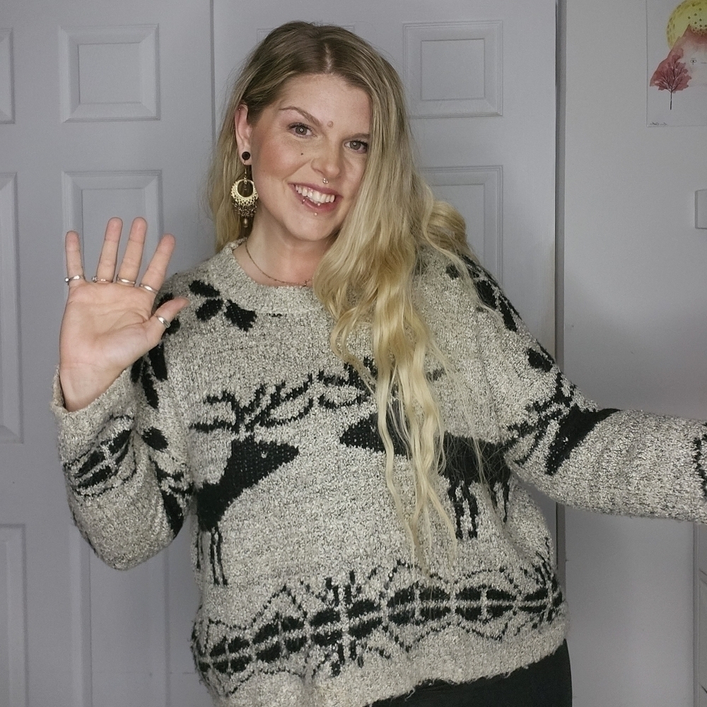 KATSUMI DEER & SNOWFLAKES COZY SOFT KNIT SWEATER BOXY FIT